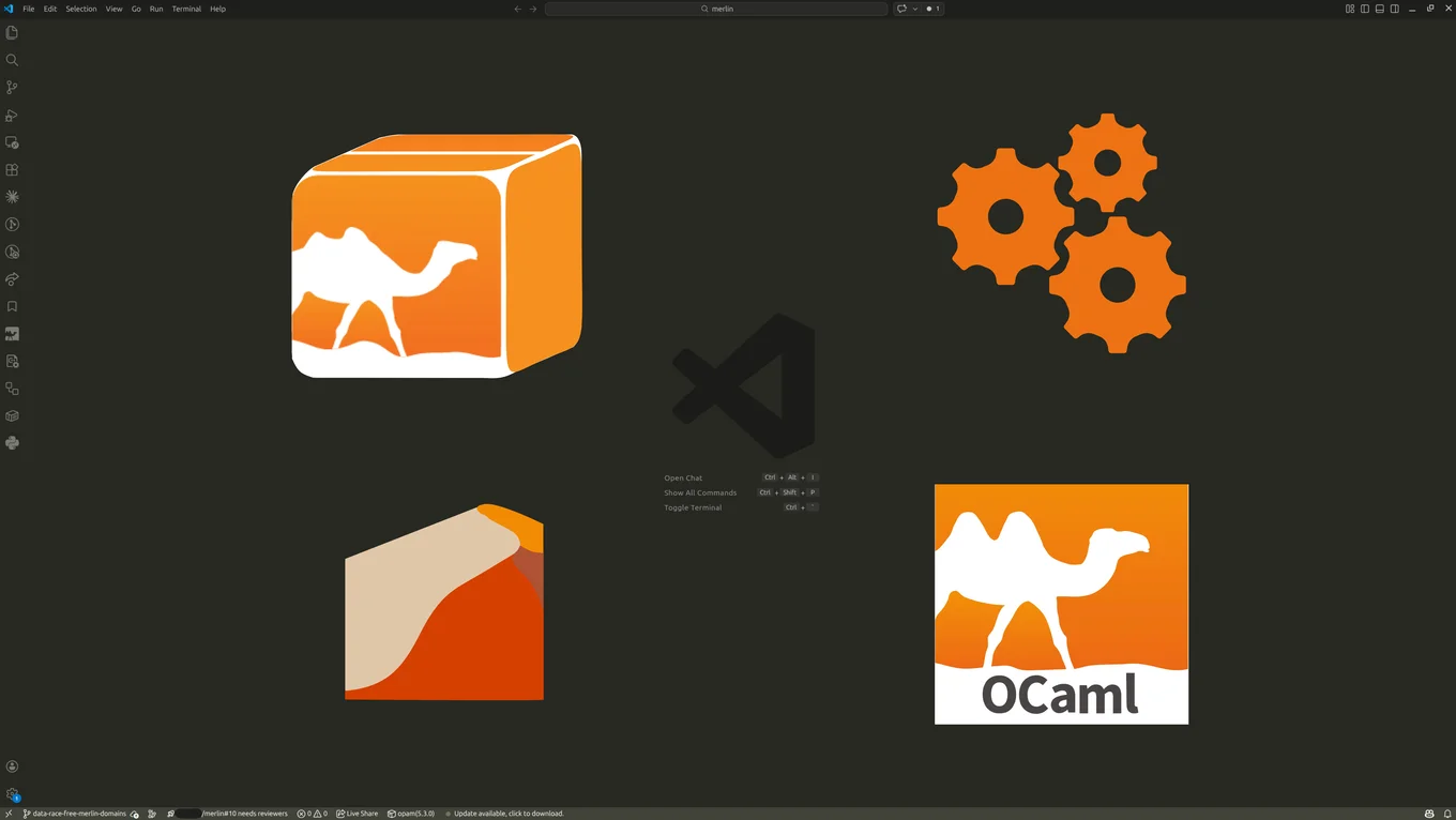 A screengrab of a VSCode window with the VSCode logo in the middle and the opam, Dune, and OCaml logos around it, as well as an icon of orange gears.